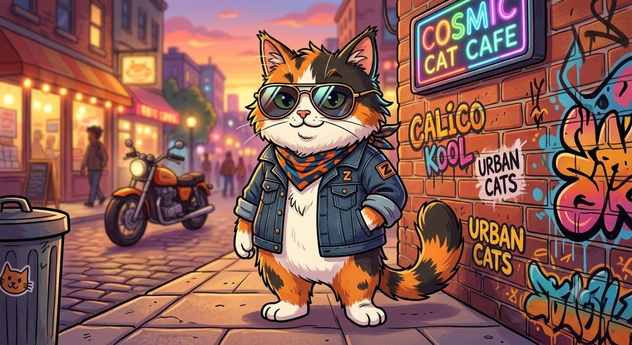 CaliCat, a calico cat in a denim jacket and sunglasses on a neon city street